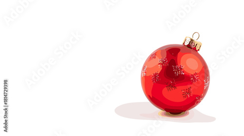 A matte red ornament ball decorated with silver snowflakes on white surface, red ornament ball christmas