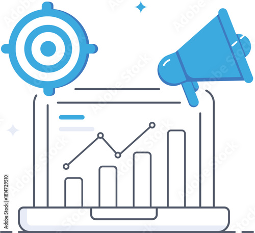 Marketing strategy analysis with target chart and megaphone Flat vector illustration