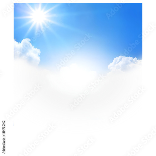 A serene view of the radiant sun shining in a vibrant blue sky with soft white clouds, set against a clean white background for copy space