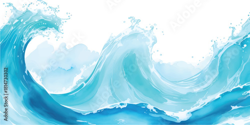 Vibrant blue water splash and abstract waves capture the essence of clean, fresh nature, isolated on a white backdrop with flowing ripples and clear bubbles