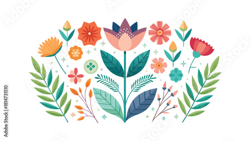 Colorful folk art floral arrangement with leaves and buds on white Keywords: floral, folk art, arrangement, flowers, leaves, buds, colorful