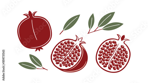Dark Red Pomegranates and Green Leaves Illustration on White Background fruit whole