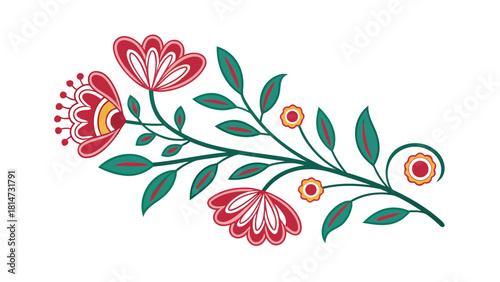 Decorative folk art floral sprig with red and yellow flowers and green leaves Keywords: folk art, floral, flower, sprig, botanical, illustration