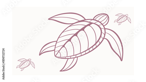 Minimalist Outline Drawing of Three Sea Turtles Swimming on White Background marine life