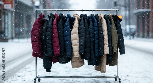 Winter coat drive featuring jackets displayed on a rack in snow  