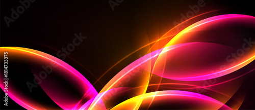 Abstract design features flowing curves, vibrant pinks, oranges against dark background. Dynamic light creates energetic visual impact.