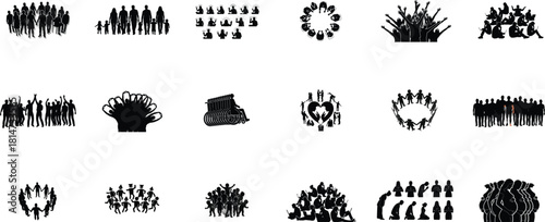 Diverse Silhouettes of People in Various Poses and Arrangements Keywords: group, people
