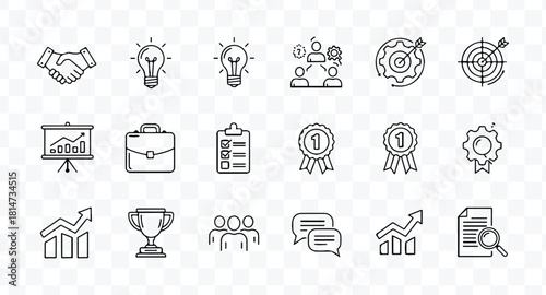 Set of handdrawn business and finance icon doodles representing teamwork, idea, goal, success, and achievement