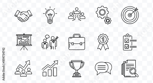 Set of business and success line icons representing teamwork, idea, goal, achievement, presentation, and strategy