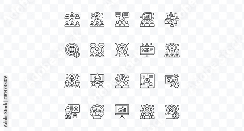 Collection of business meeting and presentation line icons representing teamwork, strategy, analysis, and corporate communication concepts