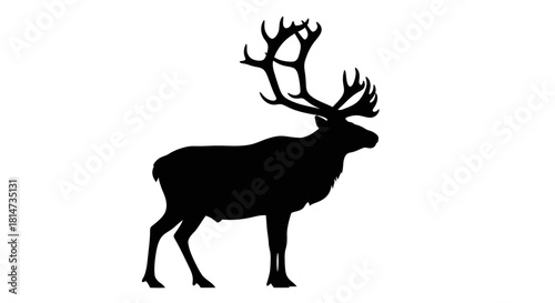 Majestic Caribou or Reindeer Silhouette Icon with Large Antlers Isolated on White Background