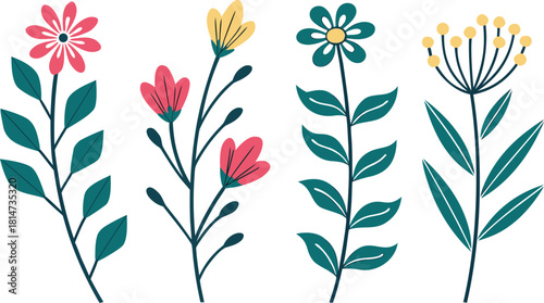 Set of four stylized floral stems with flowers and leaves on white background Keywords: floral, flowers, stems, leaves, buds, pink, yellow, teal