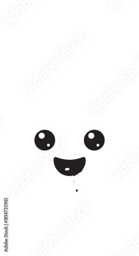 Minimal kawaii white face with eyes and smiling mouth, cute cartoon illustration.