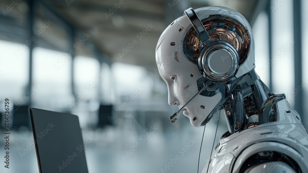Fototapeta premium Humanoid AI with Headset Engaged with Laptop in Modern Office Setting