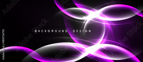 Abstract design features vibrant purple, white light streaks. Dark background enhances glowing curves, creating dynamic visual effect.