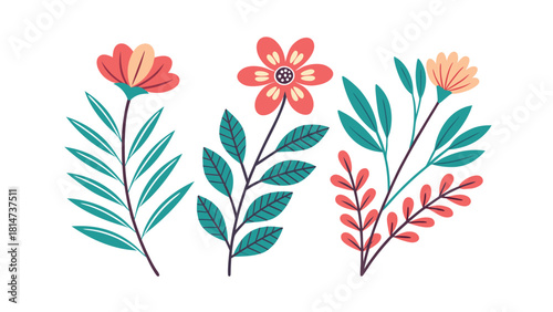 Three Stylized Floral Stems with Leaves and Blossoms on White Background flowers