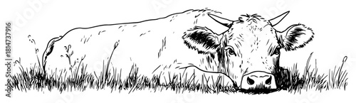 resting cow in grass hand drawn vector sketch illustration