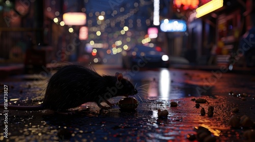 A black rat scavenges on a wet street at night. Neon lights illuminate the background, creating a vibrant urban atmosphere.
