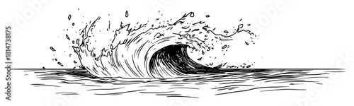 ocean sea wave with splash hand drawn realistic sketch vector