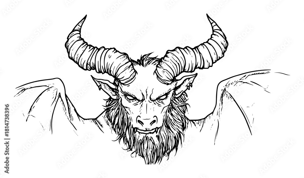 Obraz premium demon head with horns and wings fantasy monster sketch vector