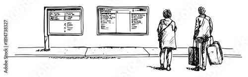 hand drawn travelers with luggage at bus stop timetable sketch illustration