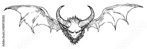 demonic winged skull with horns vector sketch illustration