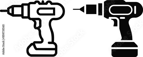 Set of black icon illustration of a cordless power drill on a white background