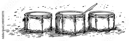 three marching drums with sticks ink sketch
