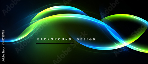 Abstract flowing lines, vibrant blue, green hues. Dark background creates dramatic visual effect. Modern design element.