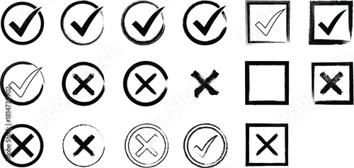 Hand drawn check marks and crosses in circles and squares
