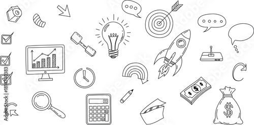 Hand drawn business and finance icons doodle style sketch