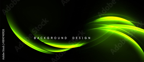 Abstract green light streaks over black background. Dynamic curves create modern visual effect. Text reads background design.