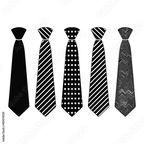 Collection of five black and white neckties featuring diverse patterns: solid, striped, dotted, and textured.