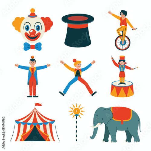 Circus show flat vector elements set with clown face, magic hat, ringmasters, performers, tent, and elephant.
