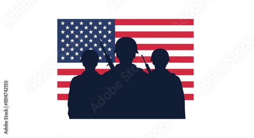 Silhouettes of soldiers standing in front of an american flag display