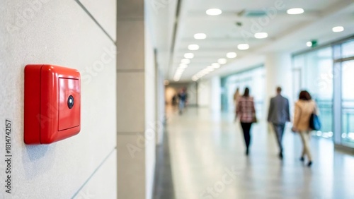 A red fire alarm is installed on the wall of a corridor in a public building. The device provides timely notification. The scene symbolizes safety and protection.