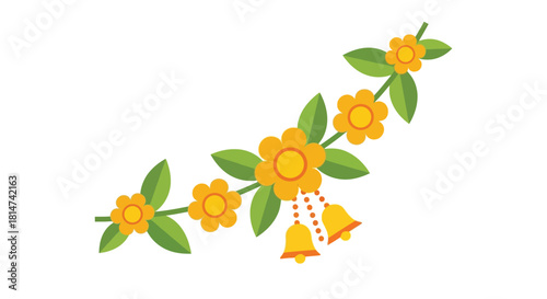 A decorative floral branch with yellow flowers green leaves and golden bells
