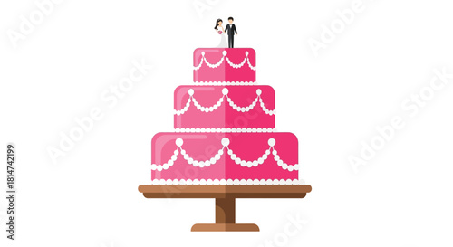 A pink tiered wedding cake topped with a bride and groom figurine