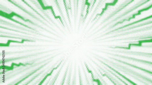 Energetic green radial burst with bold streaks and zigzag highlights creating powerful comic-style explosion effect, bright abstract pattern for action scenes and graphic design