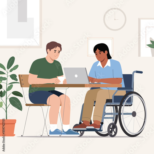 Inclusive workplace illustration, flat vector showing a diverse team of two colleagues collaborating, including one in a wheelchair, using a laptop for business, teamwork, and accessibility concepts