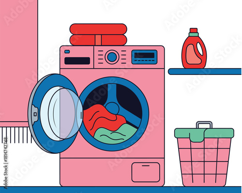 Colorful laundry day illustration featuring a pink washing machine, clothes, detergent, and basket at home.