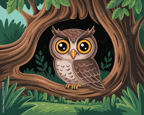 Cute cartoon owl peeking from a tree hollow in a lush forest, whimsical nature illustration with big bright eyes