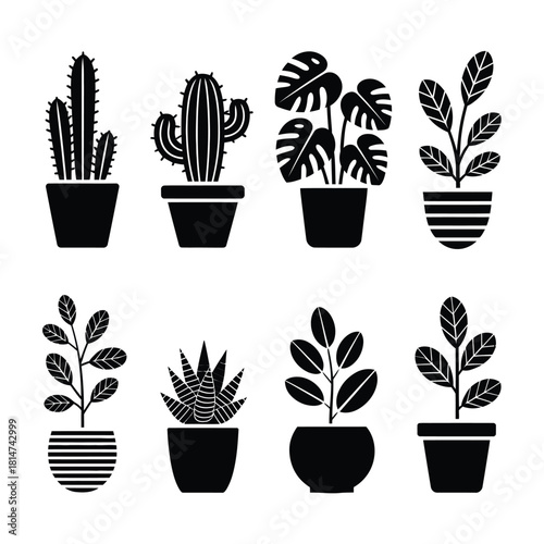 Collection of diverse potted house plants and succulents in minimalist silhouette icon style on white background