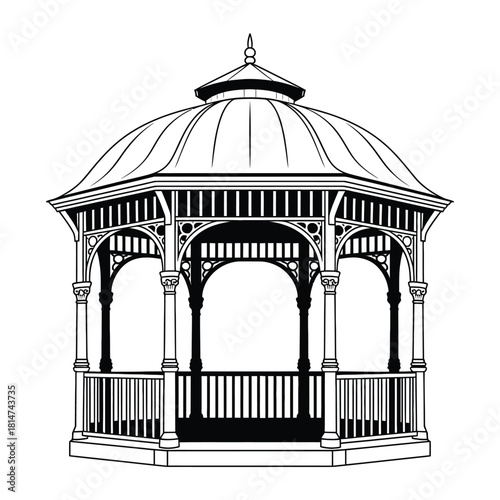 Ornate classic garden gazebo black line art vector illustration with a domed roof and decorative pillars design.