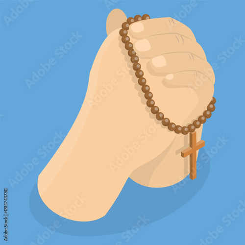 3D Isometric Flat Vector Illustration of Prayer, Hands Of A Person Holding Brown Rosary Beads And Cross Carved From Wood