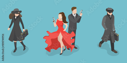 3D Isometric Flat Vector Illustration of Spies, Set Of Characters Featuring Secret Agents