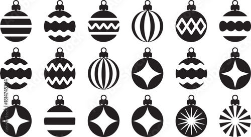 Collection of black and white Christmas bauble icons with various patterns ornament decoration