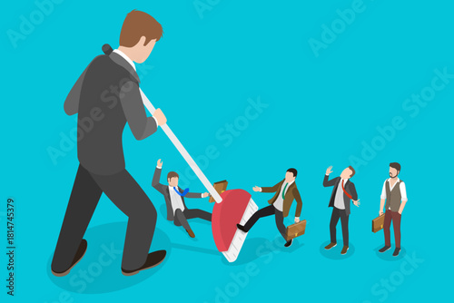 3D Isometric Flat Vector Illustration of Downsizing, Businessmen Sweeping And Being Swept By Broom