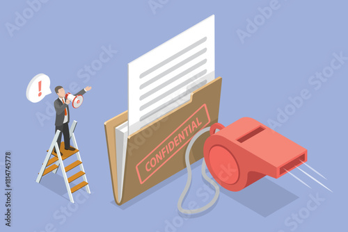 3D Isometric Flat Vector Illustration of Whistleblowing, Revealing Confidential Documents