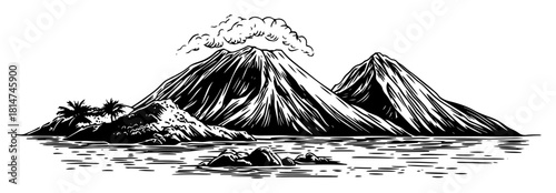smoking volcanic island monochrome vector illustration